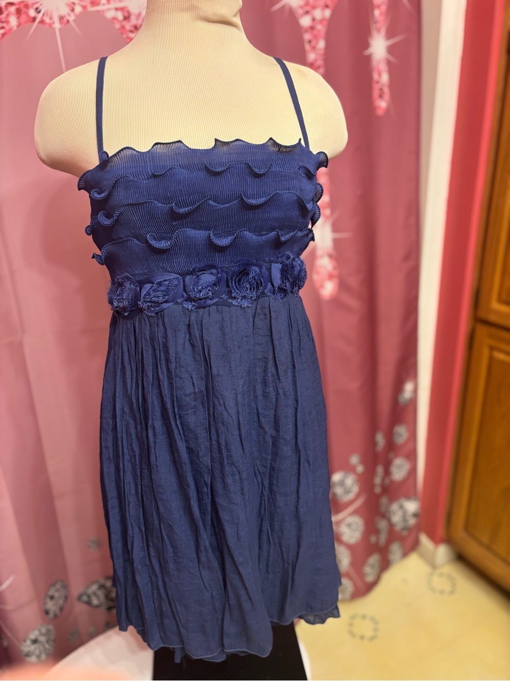 Navy Blue womensFloral Waist Spaghetti-Strap Dress